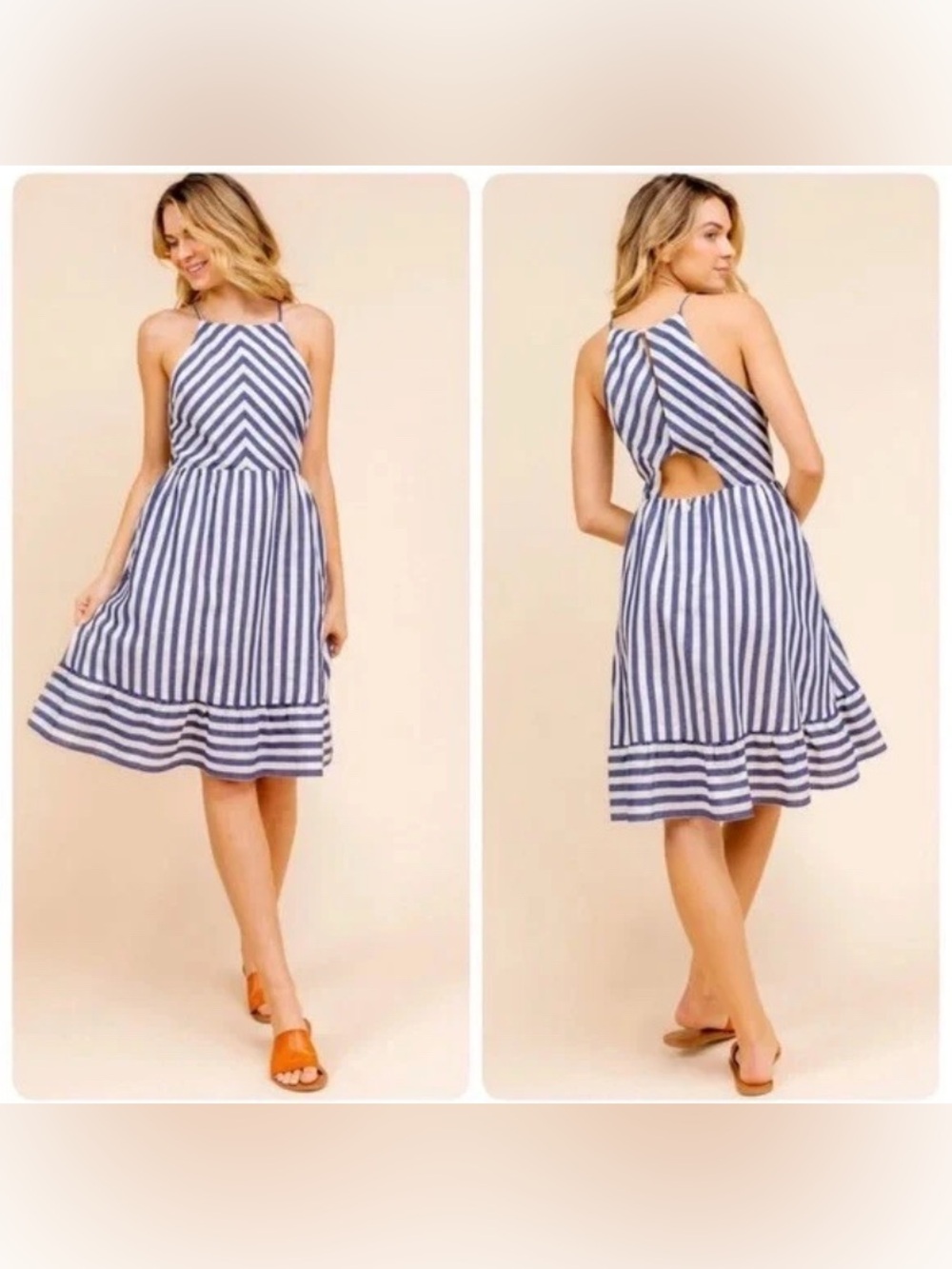 Gilli Blue and White Striped Open Back Dress size L juniors